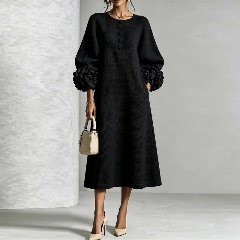 Waffle Knit Midi Dress — Button Front & 3D Floral Cuffs 3