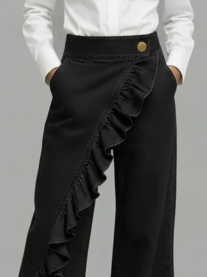 Asymmetrical Ruffle Wide Leg Jeans — High-Rise Denim 6