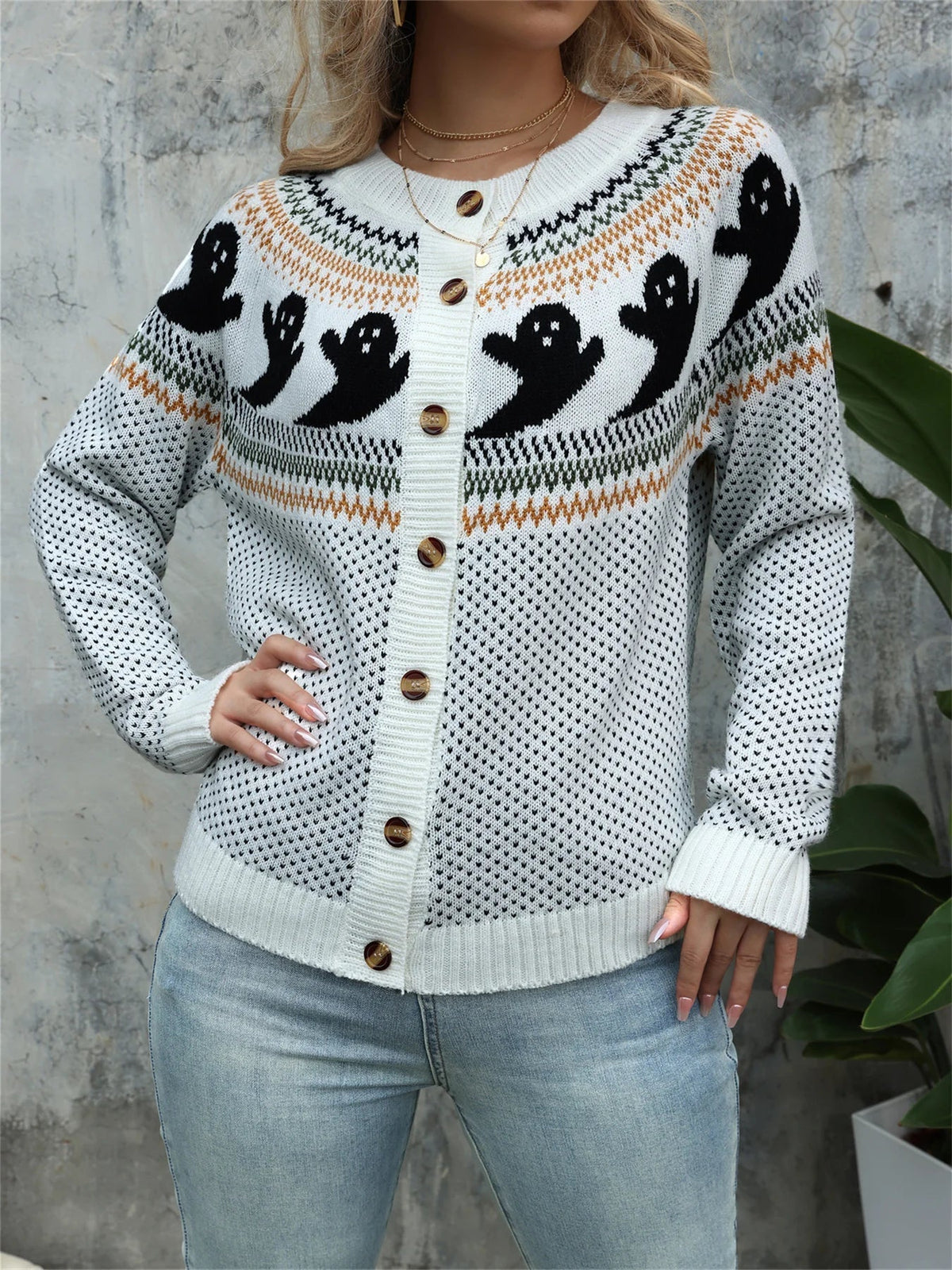 Women's Halloween Ghost Polka Dot Knit Sweater — Crew Neck 5