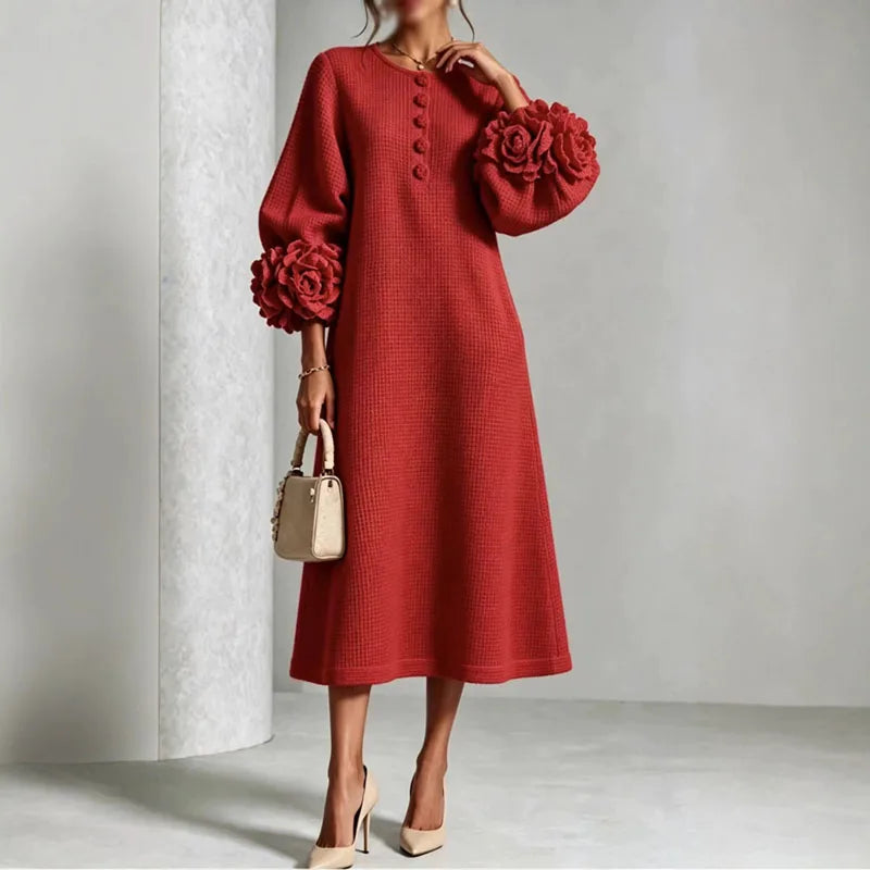 Waffle Knit Midi Dress — Button Front & 3D Floral Cuffs 1