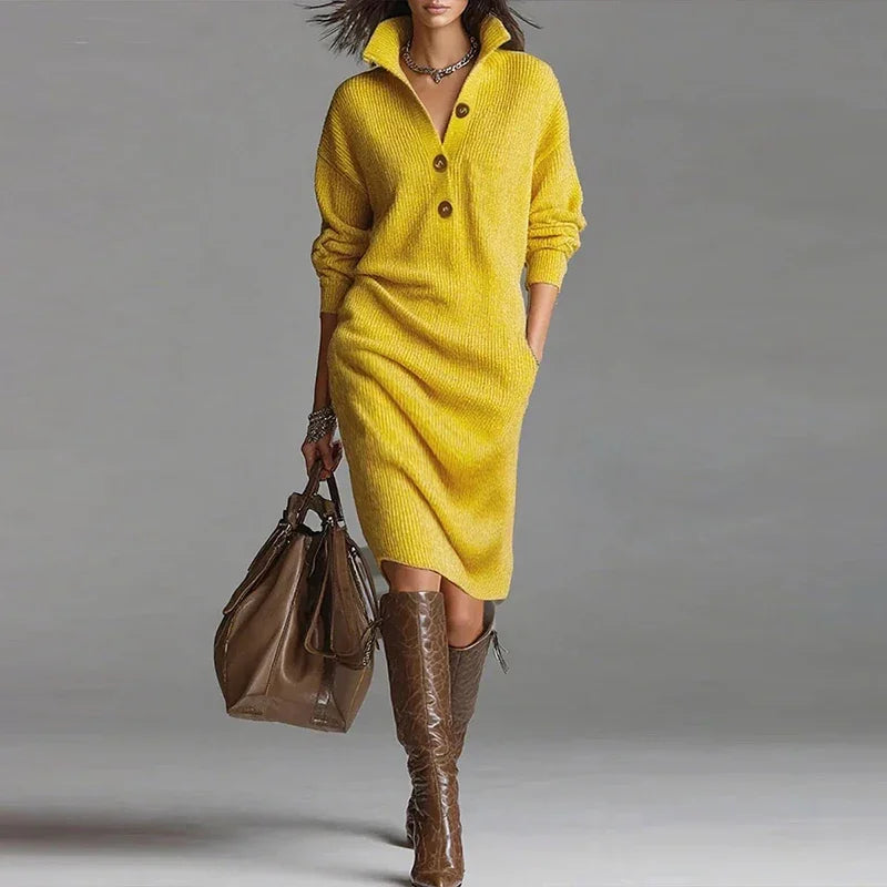 Knit Midi Dress - V Neck Button Front with Side Pockets 3
