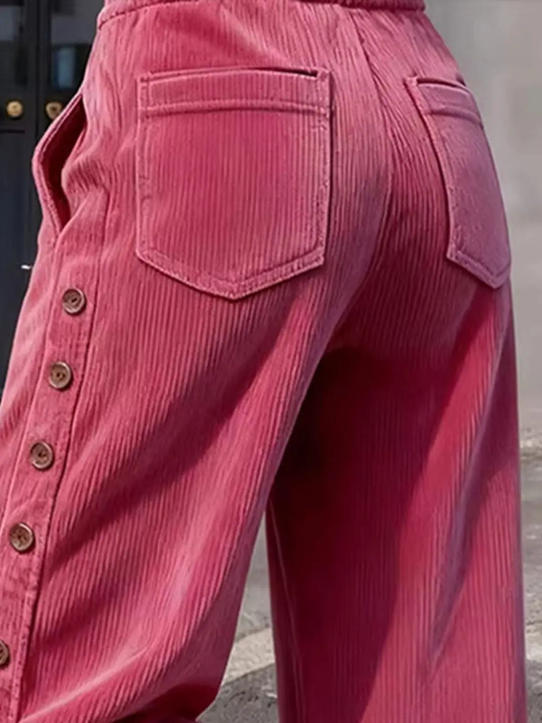 High-Rise Wide Leg Corduroy Pants — Side Button Detail 4