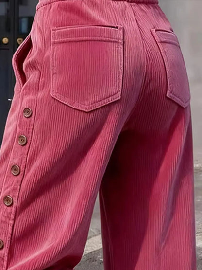 High-Rise Wide Leg Corduroy Pants — Side Button Detail 4