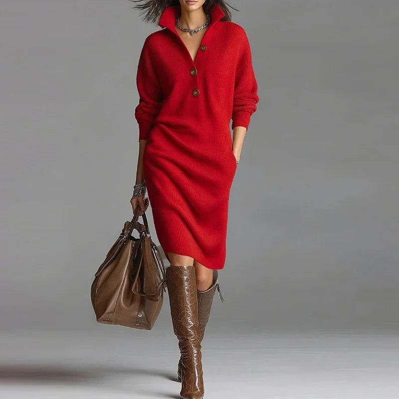 Knit Midi Dress - V Neck Button Front with Side Pockets 4