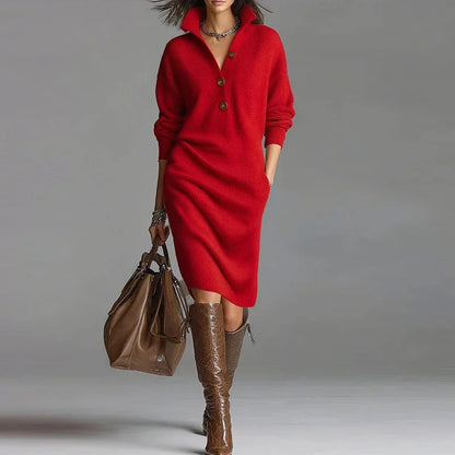 Knit Midi Dress - V Neck Button Front with Side Pockets 4