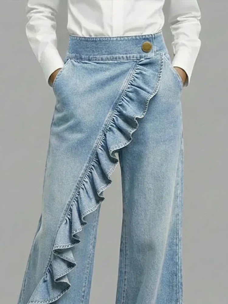 Asymmetrical Ruffle Wide Leg Jeans — High-Rise Denim 4