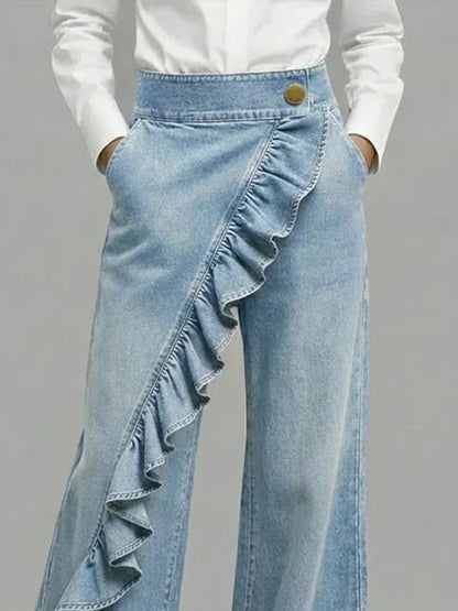 Asymmetrical Ruffle Wide Leg Jeans — High-Rise Denim 4