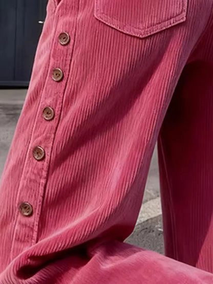 High-Rise Wide Leg Corduroy Pants — Side Button Detail 2