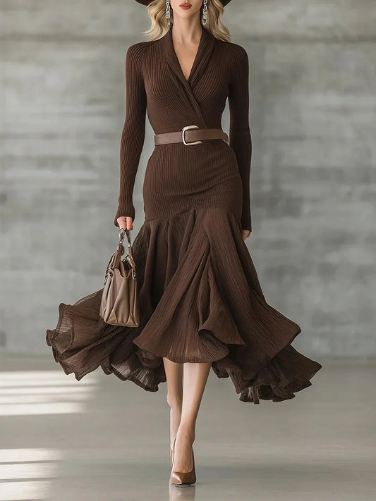 Ribbed Knit Midi Dress — Buckle Belt & Ruffle Hem 1