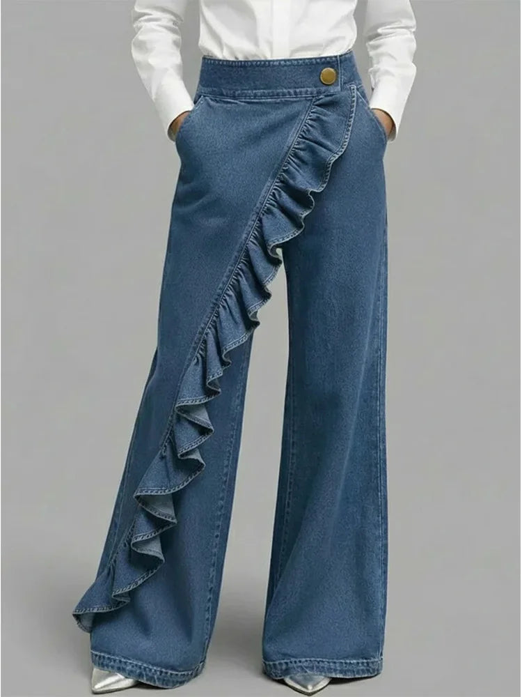 Asymmetrical Ruffle Wide Leg Jeans — High-Rise Denim 1
