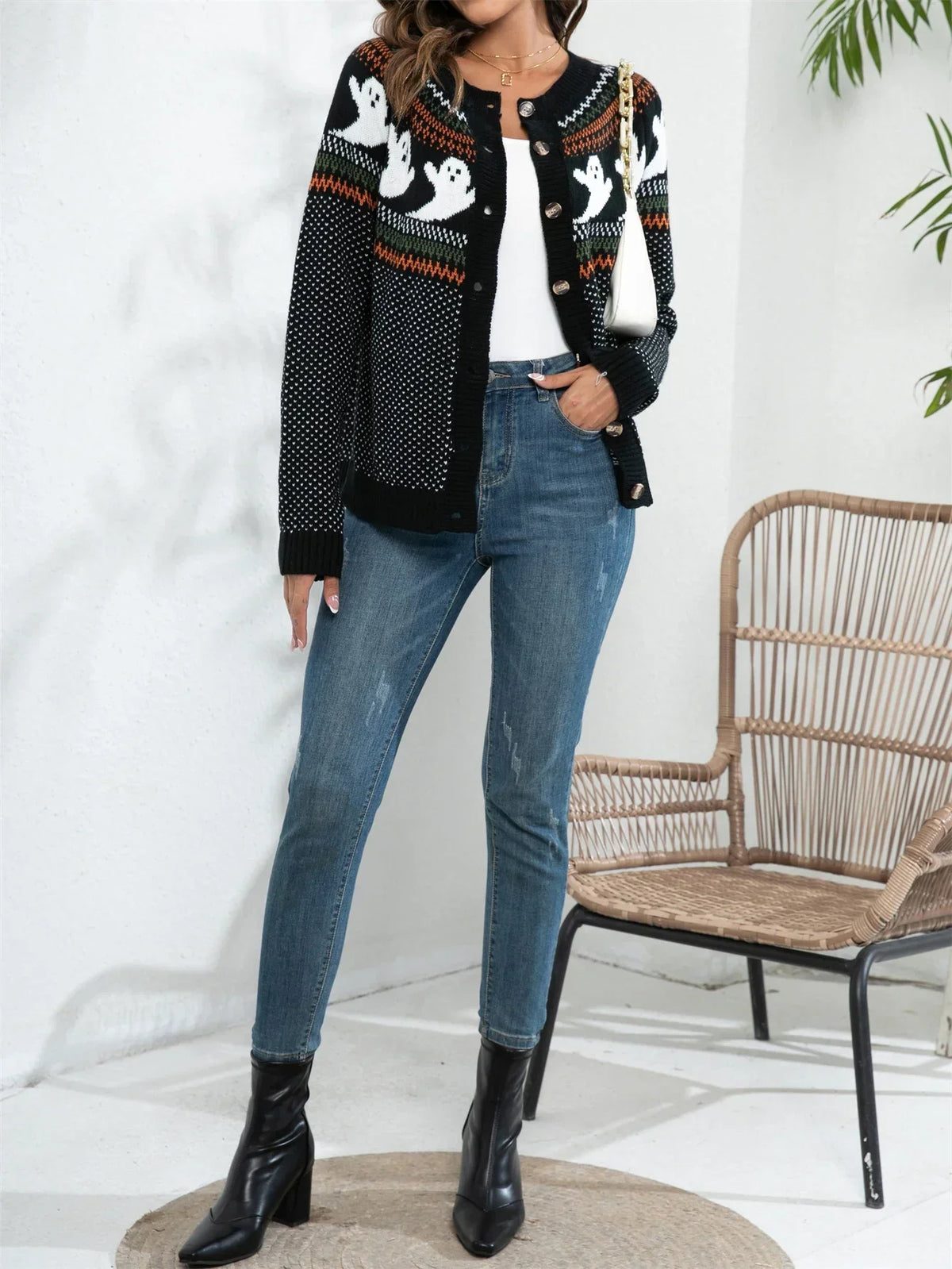 Women's Halloween Ghost Polka Dot Knit Sweater — Crew Neck 4