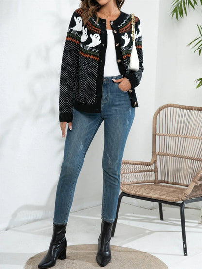 Women's Halloween Ghost Polka Dot Knit Sweater — Crew Neck 4