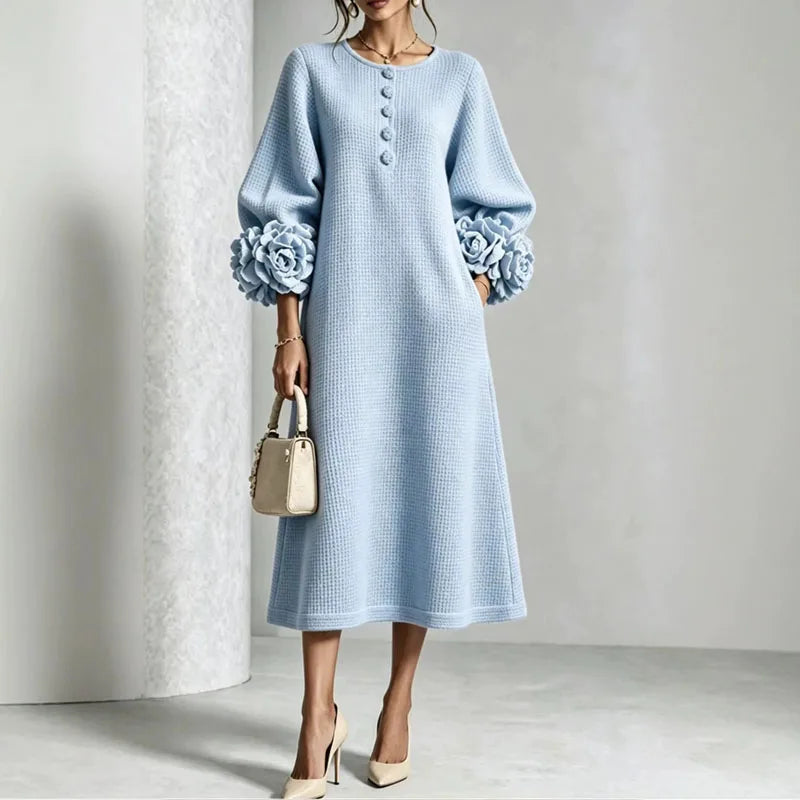 Waffle Knit Midi Dress — Button Front & 3D Floral Cuffs 5