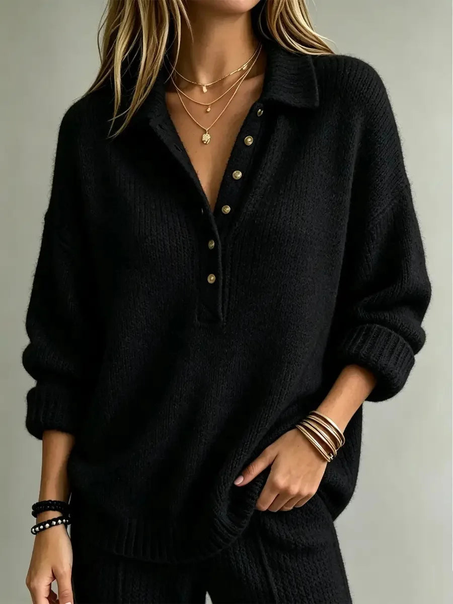 Button Neck Polo Sweater — Ribbed Dropped Shoulder Knit 4