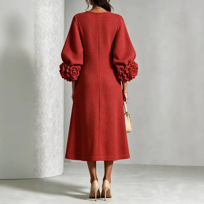 Waffle Knit Midi Dress — Button Front & 3D Floral Cuffs 2