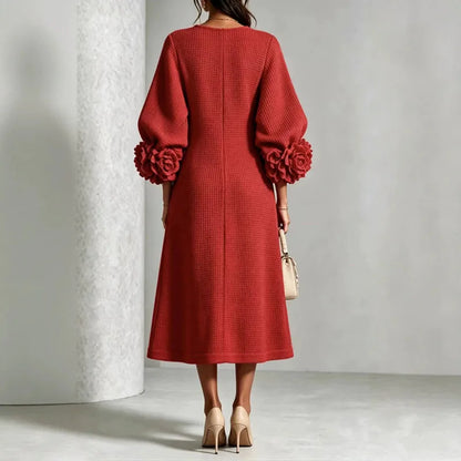 Waffle Knit Midi Dress — Button Front & 3D Floral Cuffs 2