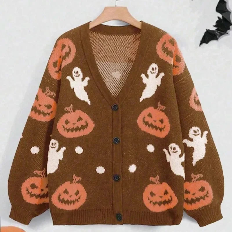 Pumpkin Ghost Halloween Cardigan — V-Neck Button Front 3
