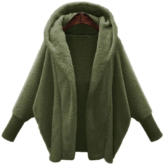 Open Front Fleece Coat — Oversized Hooded Batwing Women 1