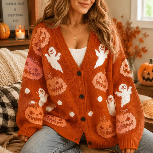 Pumpkin Ghost Halloween Cardigan — V-Neck Button Front 1