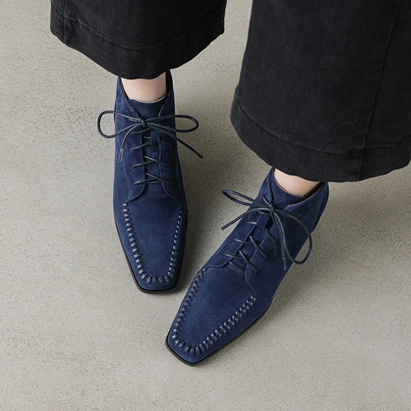 Suede Lace-Up Ankle Boot — Square Toe Low Block Heel 3