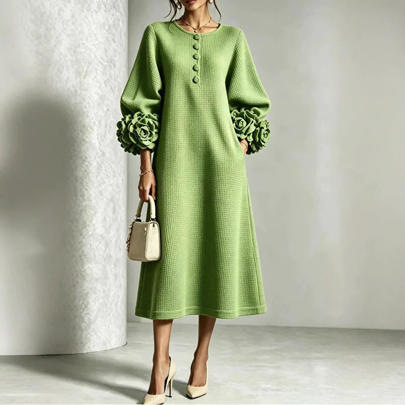 Waffle Knit Midi Dress — Button Front & 3D Floral Cuffs 4