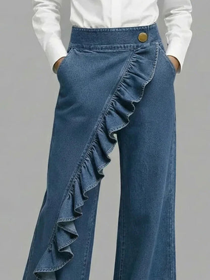 Asymmetrical Ruffle Wide Leg Jeans — High-Rise Denim 2