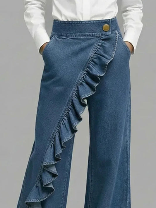 Asymmetrical Ruffle Wide Leg Jeans — High-Rise Denim 2