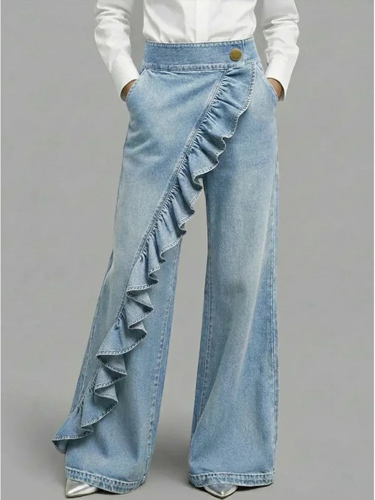 Asymmetrical Ruffle Wide Leg Jeans — High-Rise Denim 3