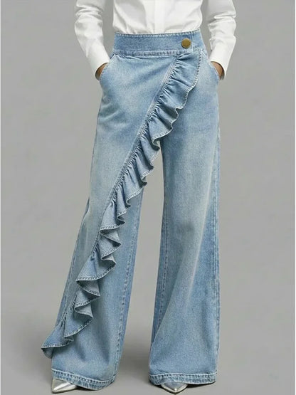Asymmetrical Ruffle Wide Leg Jeans — High-Rise Denim 3