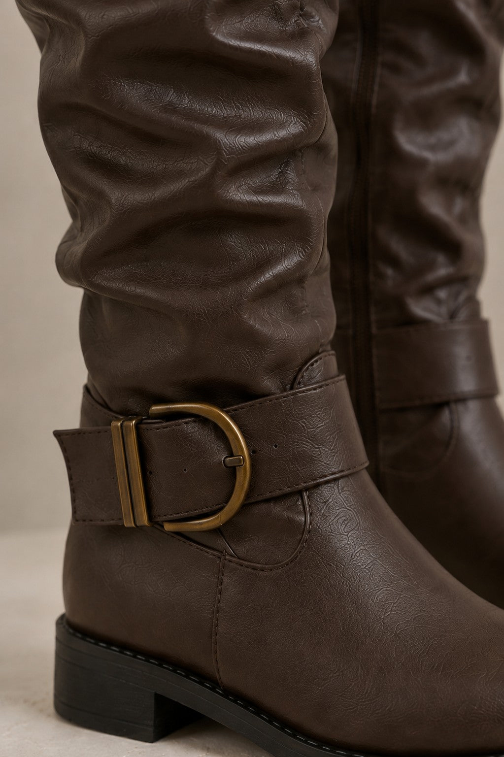 Women's Slouchy Knee-High Boots — Brown with Ankle Buckle