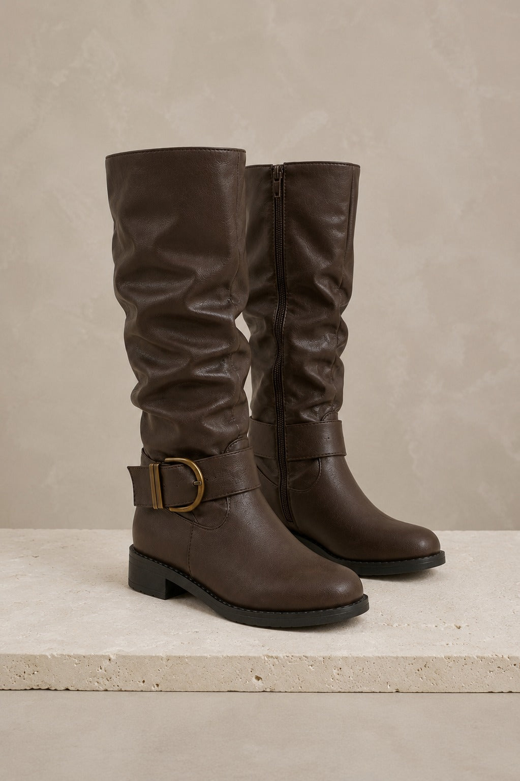 Women's Slouchy Knee-High Boots — Brown with Ankle Buckle
