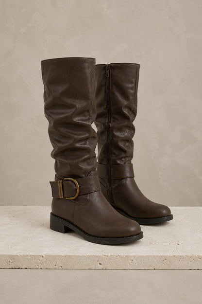 Women's Slouchy Knee-High Boots — Brown with Ankle Buckle