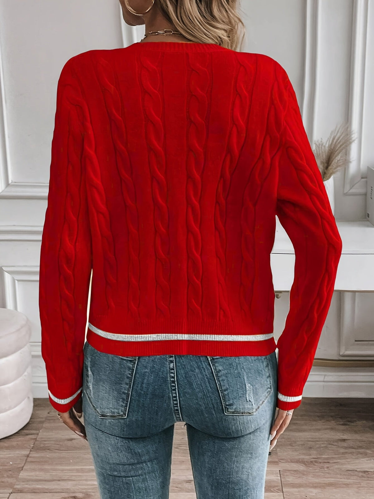 Cable-Knit Open Front Cardigan with Gold-Tone Buttons 15