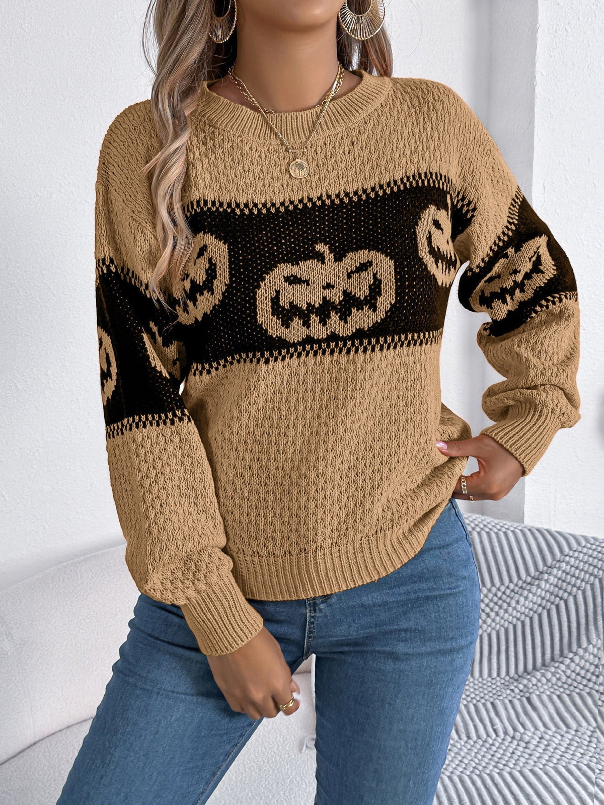 Women's Halloween Pumpkin Knit Sweater — Crew Neck Pullover 2