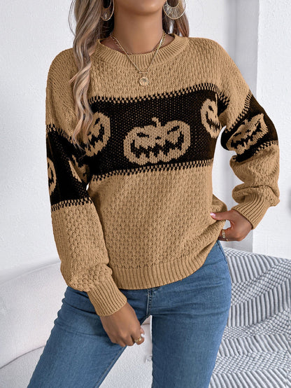 Women's Halloween Pumpkin Knit Sweater — Crew Neck Pullover 2