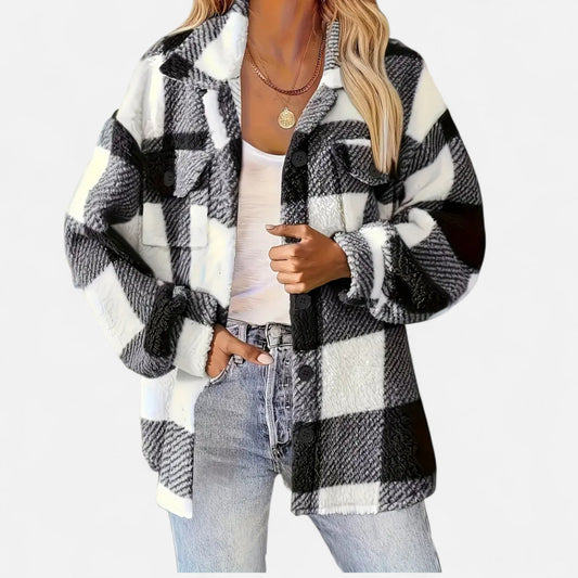 Women's Relaxed Sherpa Jacket — Checkered Button Closure 2
