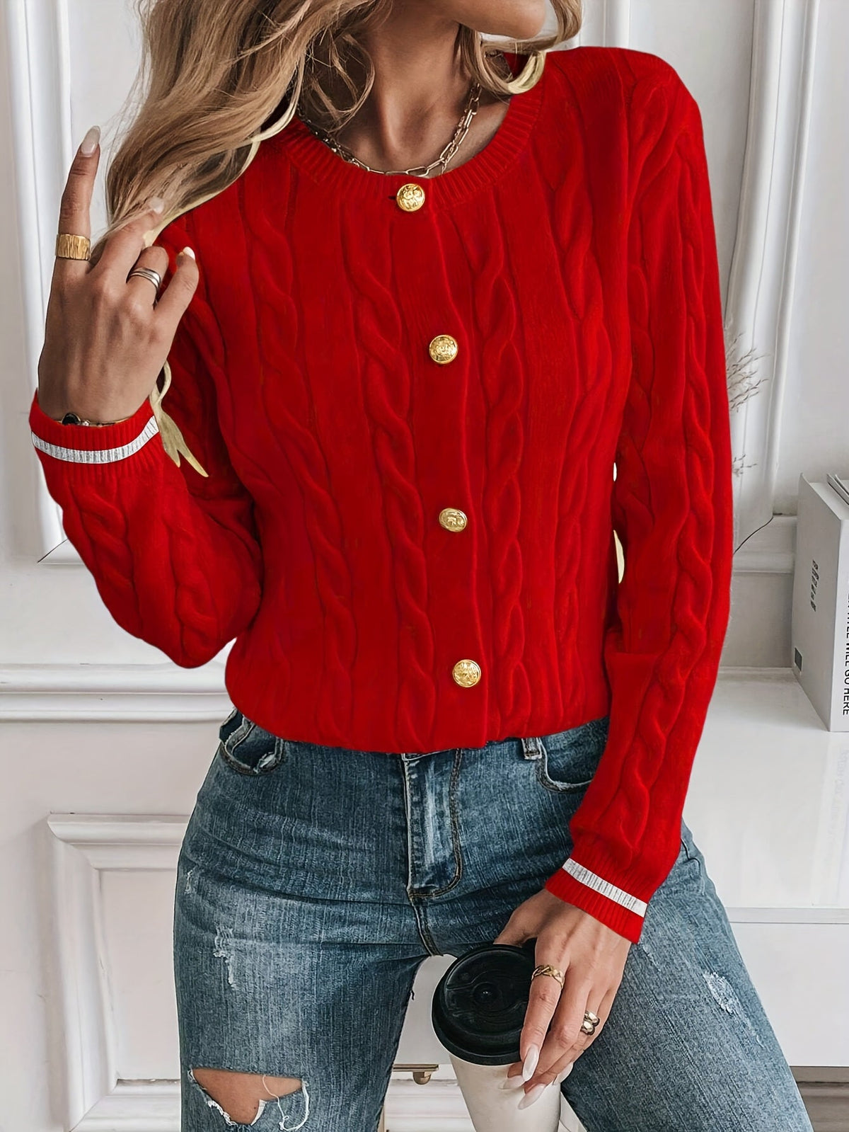 Cable-Knit Open Front Cardigan with Gold-Tone Buttons 17