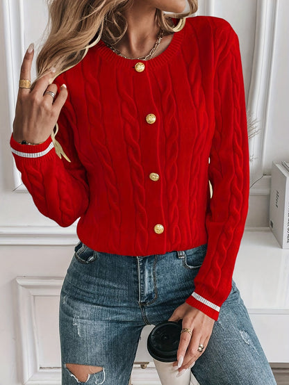 Cable-Knit Open Front Cardigan with Gold-Tone Buttons 17
