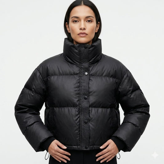 Women's Cropped Puffer Jacket — Stand Collar Snap Button 1