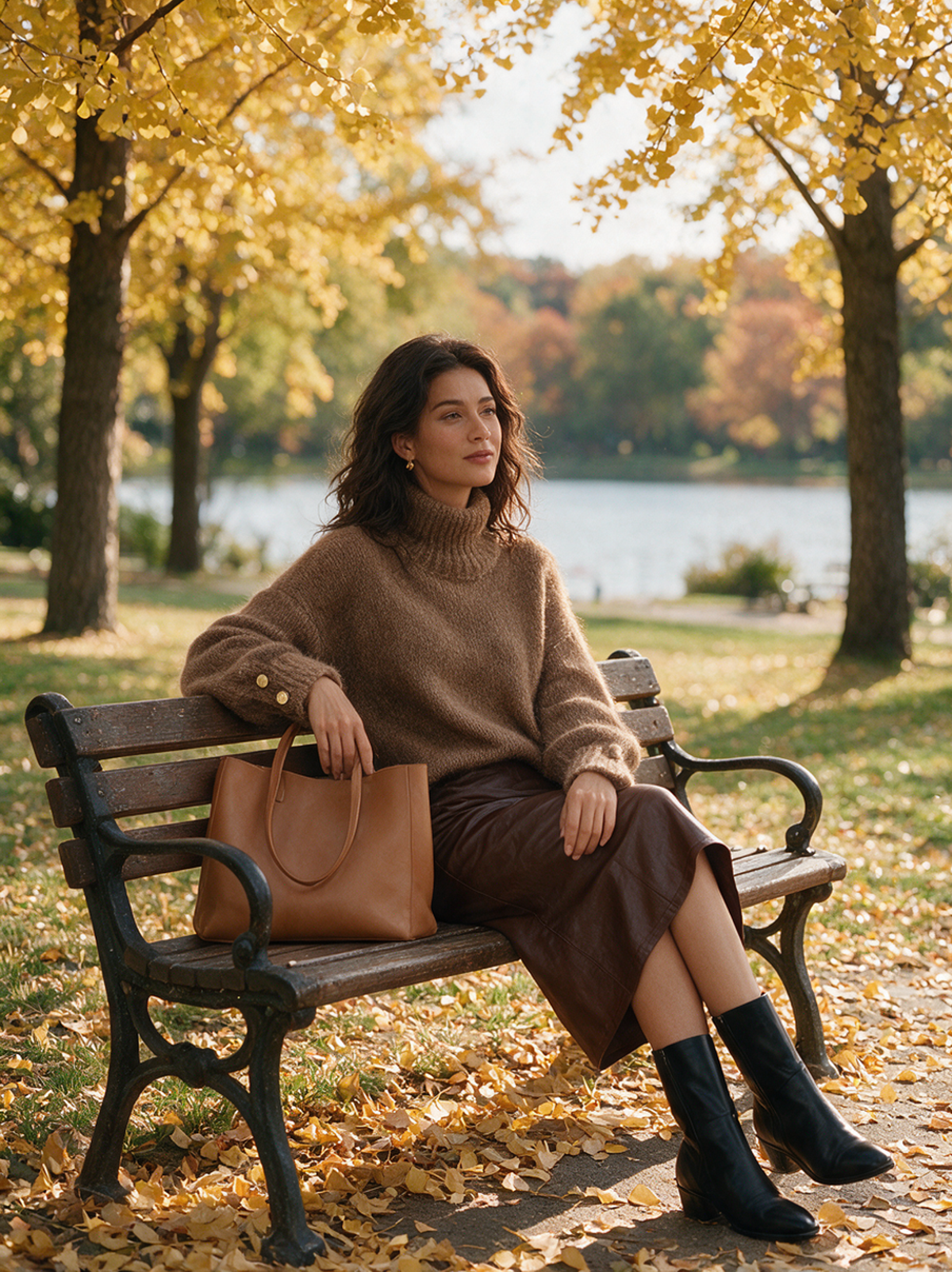 Women's Mohair Turtleneck Sweater — Camel Long Sleeve 2