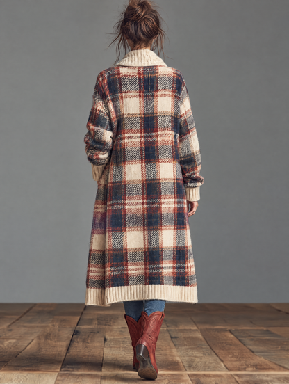 Vintage Plaid Jacquard Shawl-Collar Toggle Cardigan Women 4