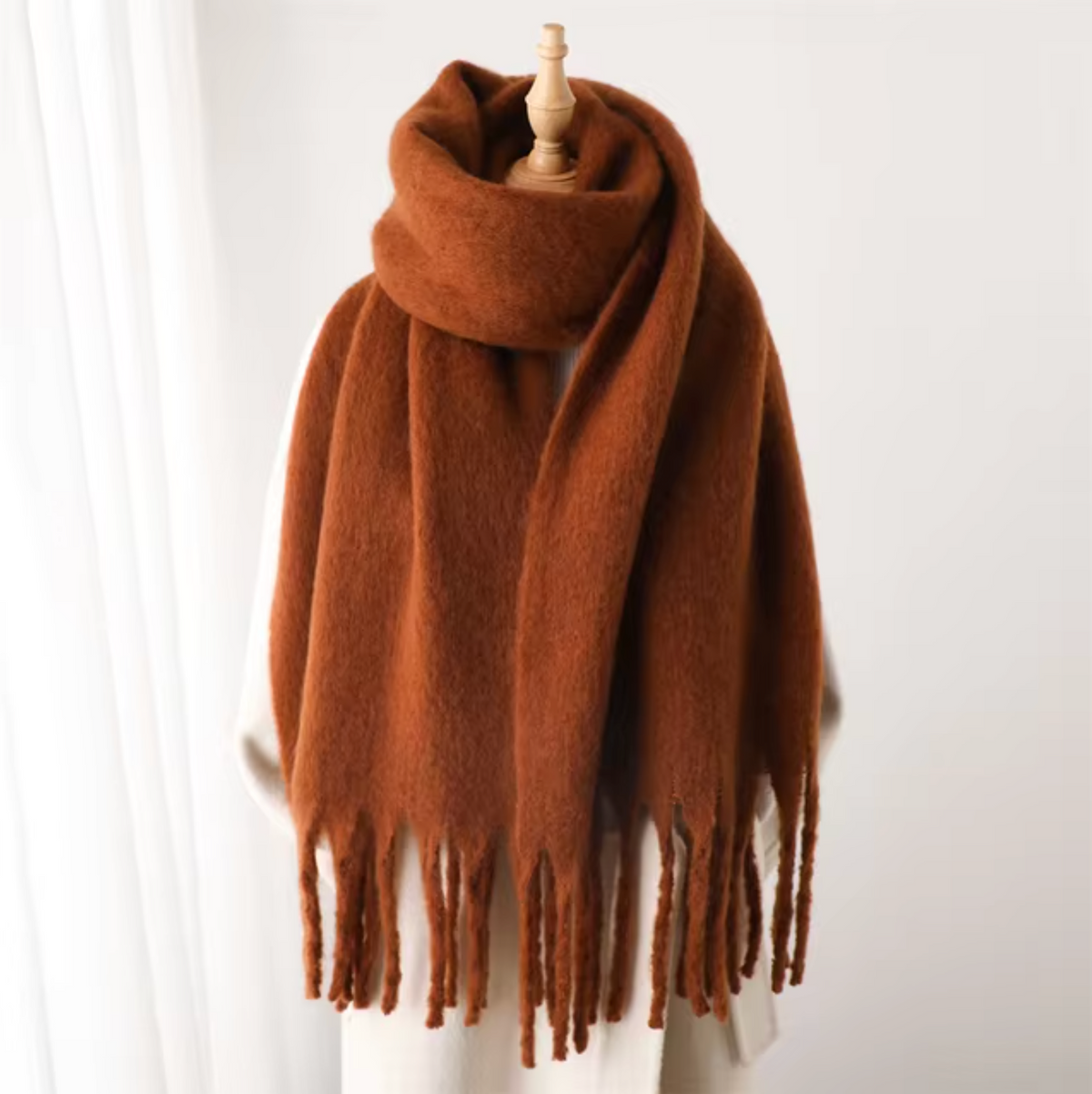 Cashmere-Feel Winter Scarf — Soft Oversized Fringed Wrap for Women in Brown