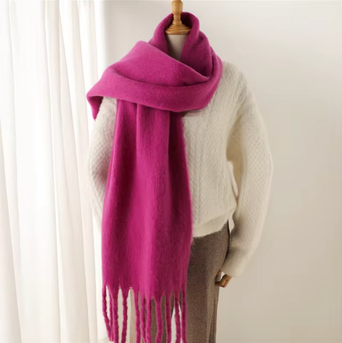 Cashmere-Feel Winter Scarf — Soft Oversized Fringed Wrap for Women in Hot Pink
