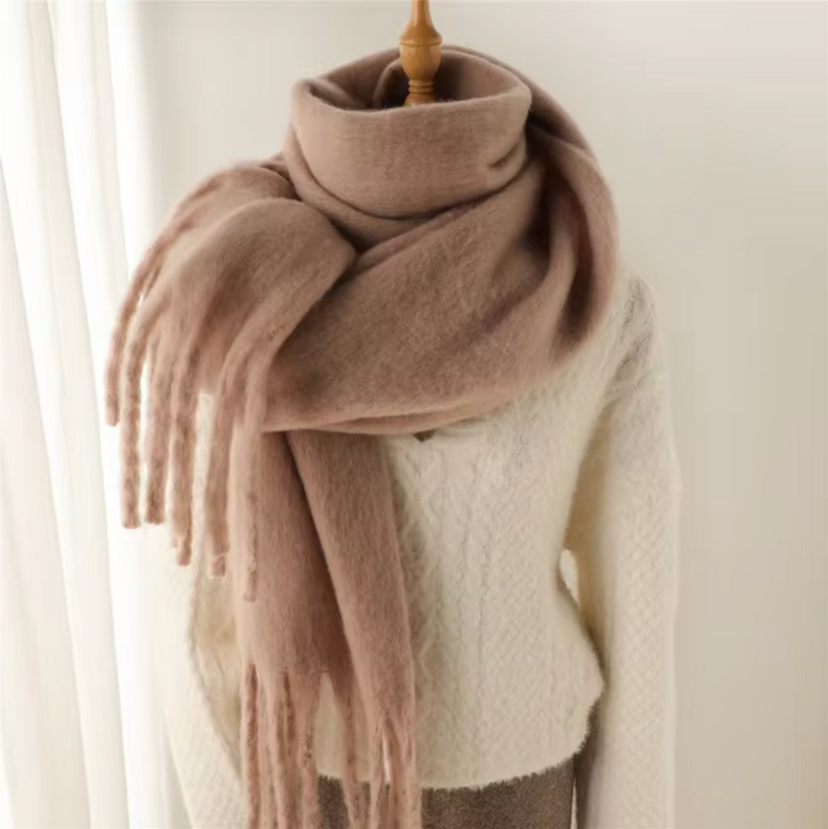 Cashmere-Feel Winter Scarf — Soft Oversized Fringed Wrap for Women in Khaki