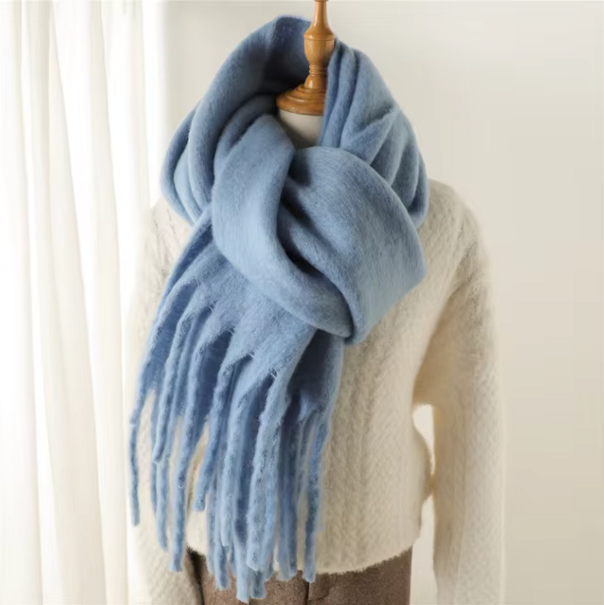 Cashmere-Feel Winter Scarf — Soft Oversized Fringed Wrap for Women in Light Blue