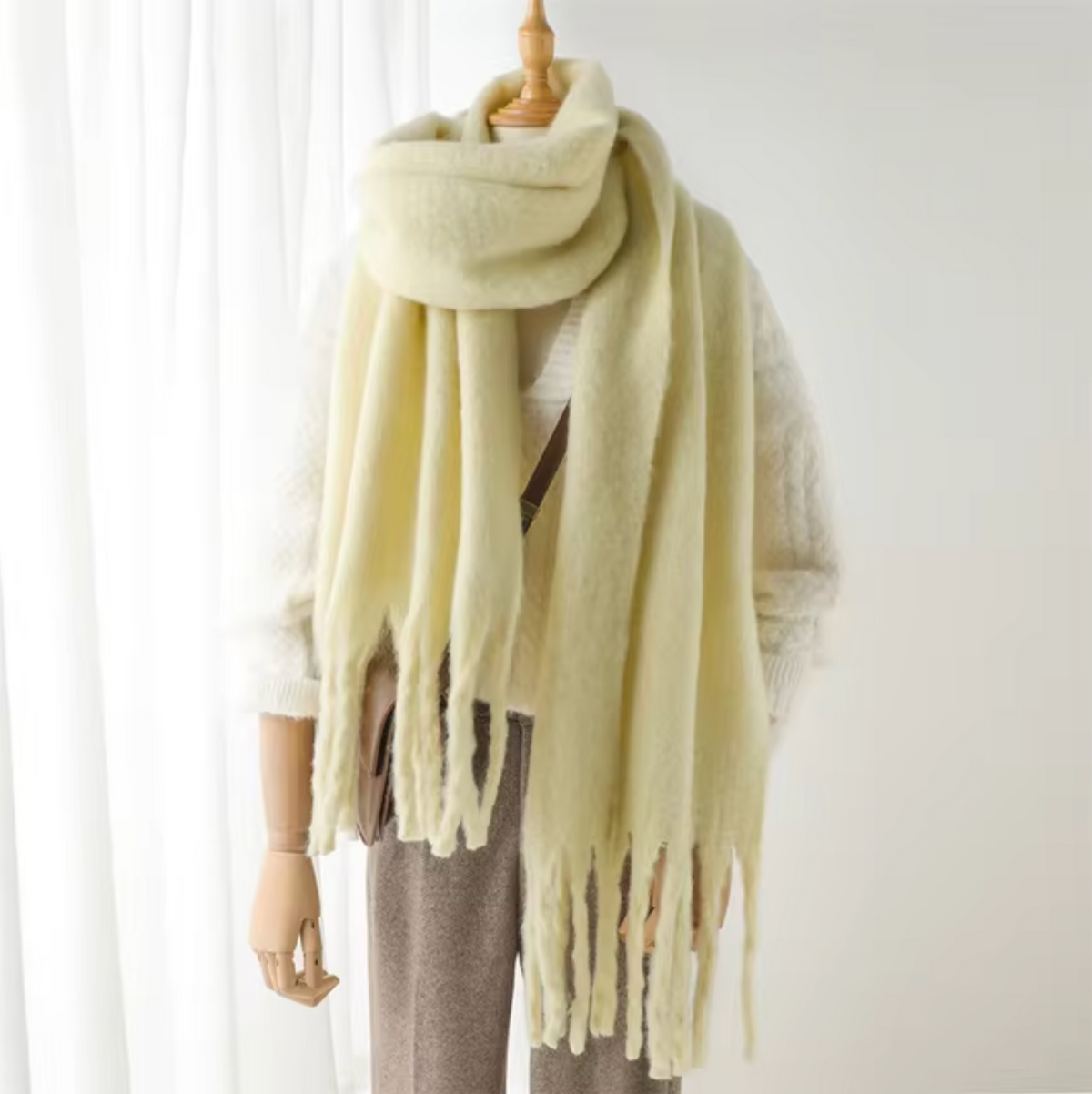 Cashmere-Feel Winter Scarf — Soft Oversized Fringed Wrap for Women in Light Yellow