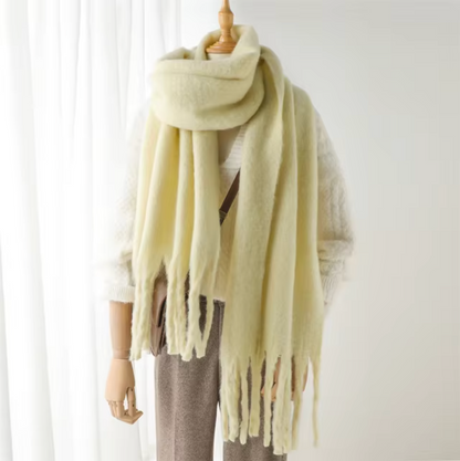 Cashmere-Feel Winter Scarf — Soft Oversized Fringed Wrap for Women in Light Yellow
