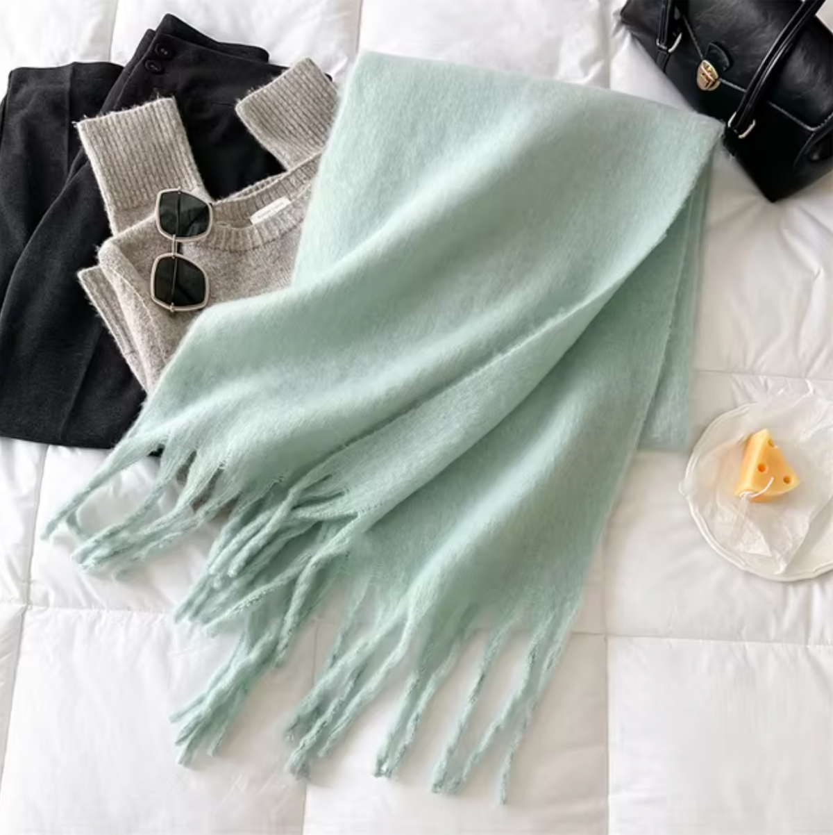 Cashmere-Feel Winter Scarf — Soft Oversized Fringed Wrap for Women in Mint Green