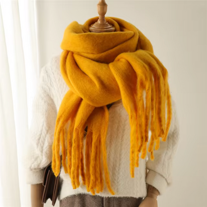 Cashmere-Feel Winter Scarf — Soft Oversized Fringed Wrap for Women in Mustard Yellow