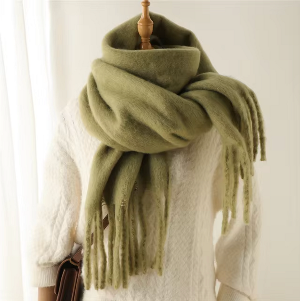Cashmere-Feel Winter Scarf — Soft Oversized Fringed Wrap for Women in Olive Green